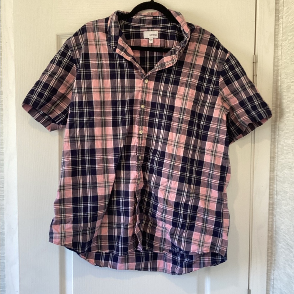 Sonoma men’s Casual Pink and Blue Plaid Shirt size 2XL EUC